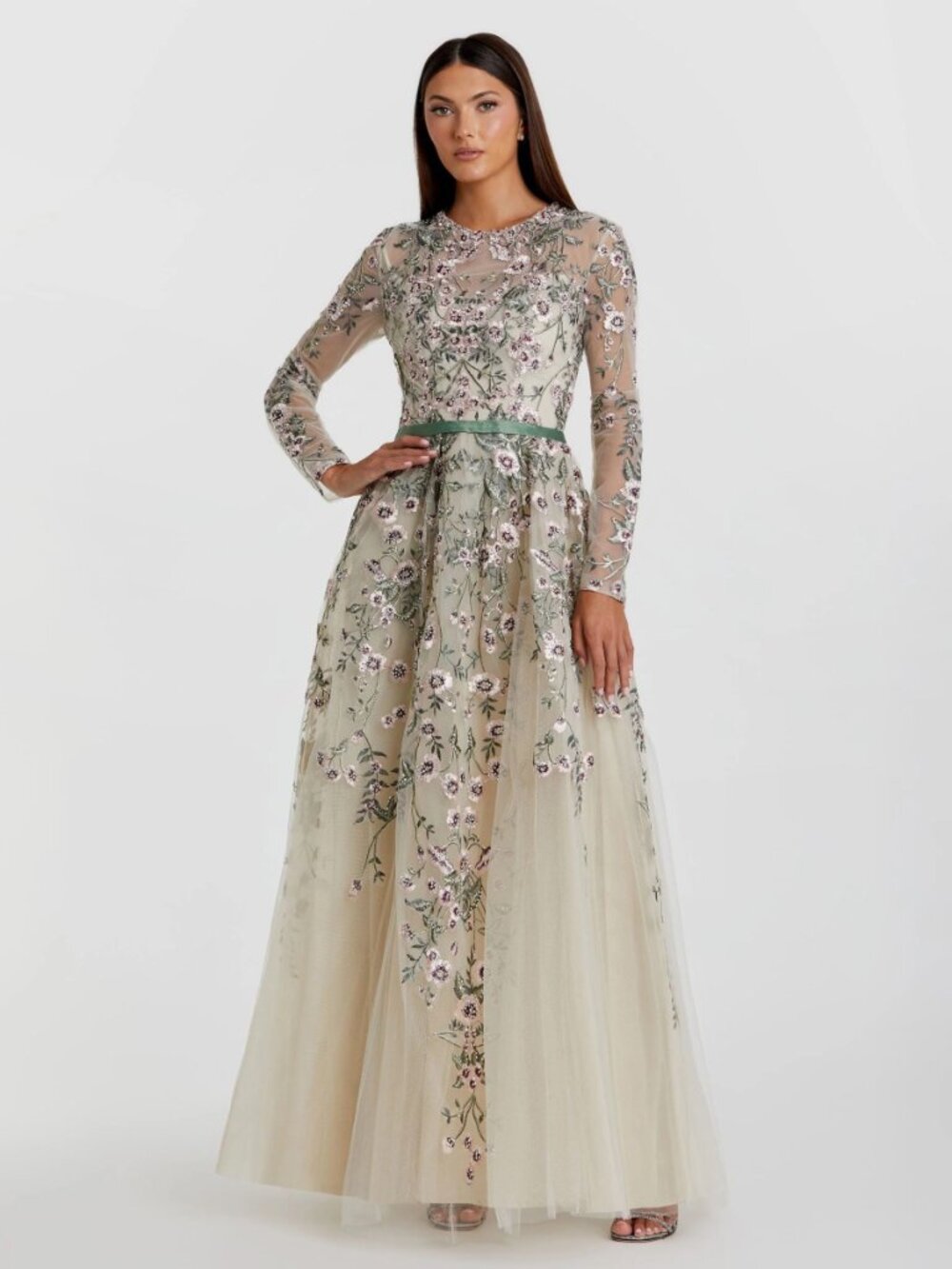 Mac Duggal Ivory Long Sleeve Floral Embellished A-Line Gown in Sage